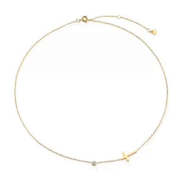 Gold Sideways Cross Necklace Cubic Zirconia Charm - Picture 5 of 8